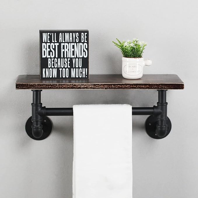 Industrial Pipe Shelf Bathroom Shelves Wall Mounted,19.6in Rustic Wood Shelf with Towel Bar,1 Tier Farmhouse Towel Rack Over Toilet,Pipe Shelving Floating Shelves Towel Holder,Retro Black