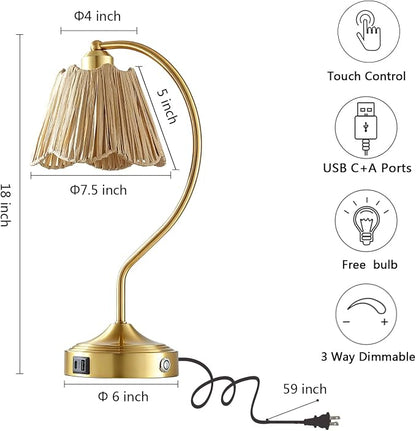 Set of 2 Boho Rattan Small Touch Table Lamps with USB C+A Ports | Bedroom Farmhouse Lamp and Retro Rattan Shade for Living Room Entryway Office, LED Bulbs Included