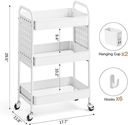 KINGRACK 3 Tier Rolling Cart with DIY Hanging Board, Metal Rolling Utility Cart with Wheels Handles Baskets Hooks, Rolling Storage Cart Suitable for Bathroom, Kitchen, Office, Nursery Diaper (White)
