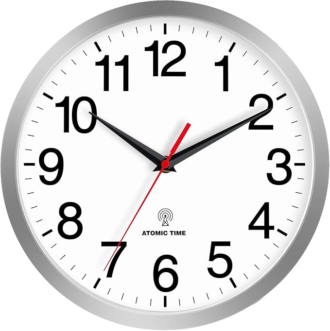 Rohioue Atomic Wall Clock Modern 12 Inch Battery Operated Analog Clock Decorative for Bedroom Kitchen Bathroom Office Home Living Room (Silver)