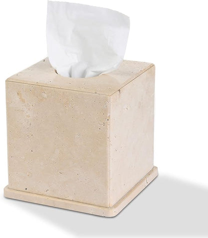 Natural Marble Tissue Box Cover, Beige Tissue Organizer 6 x 6 x 6 Inch, Heavy Stone Decorative Box, Square Tissue Box Holder for Home Decor, Kitchen, Bathroom, Bedroom