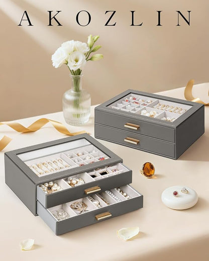 AKOZLIN Jewelry Box with Clear Lid Functional Leather Jewelry Storage Organizer Case 2 Drawers for Women Girls Necklace Ring Bracelet Earring