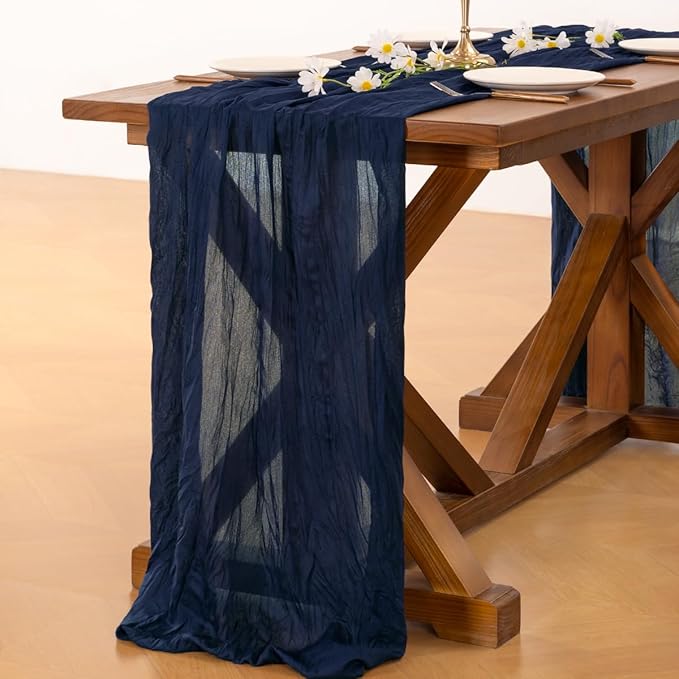 Socomi 10pcs Navy Blue Valentine's Day Cheesecloth Table Runner Boho Rustic Gauze 120 inch 10FT Cheese Cloth Runner for Wedding Party Baby Shower Birthday Home Decor Holiday Decorations