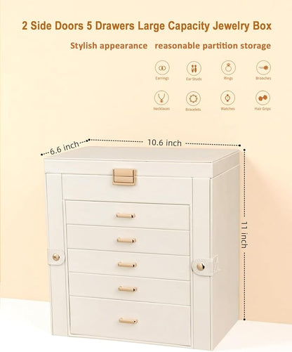 BOOVO Jewelry Box For women, 6 Layer Large Jewelry Organizer With Mirror, Multi-Function Storage Box With Lock, Necklace Holder With 5 Drawers, For Earrings Necklace Bracelet (Pearl White and Gold)