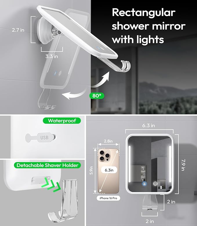 Lighted Shower Mirror Fogless for Shaving with Light, 5000mAh Heated Fogless Mirror for Shower, Detachable Razor Holder and Suction Cup for Wall, NO-Drilling, Waterproof for Bathroom (White)