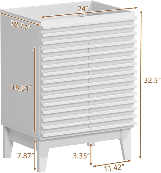 ROOMTEC 24" Bathroom Vanity, Mid-Century Freestanding Bathroom Cabinet Vanity with Storage, Particleboard Frame with Wood Grain Laminate, White(Sink Basin Not Included)
