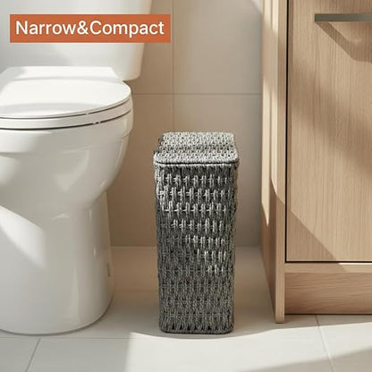 3 Gallon Paper Rope Bathroom Trash Can,Small Wicker Trash Cans with Lid and Liner,Woven Rattan Narrow Waste Basket for Bedroom,Office,Grey