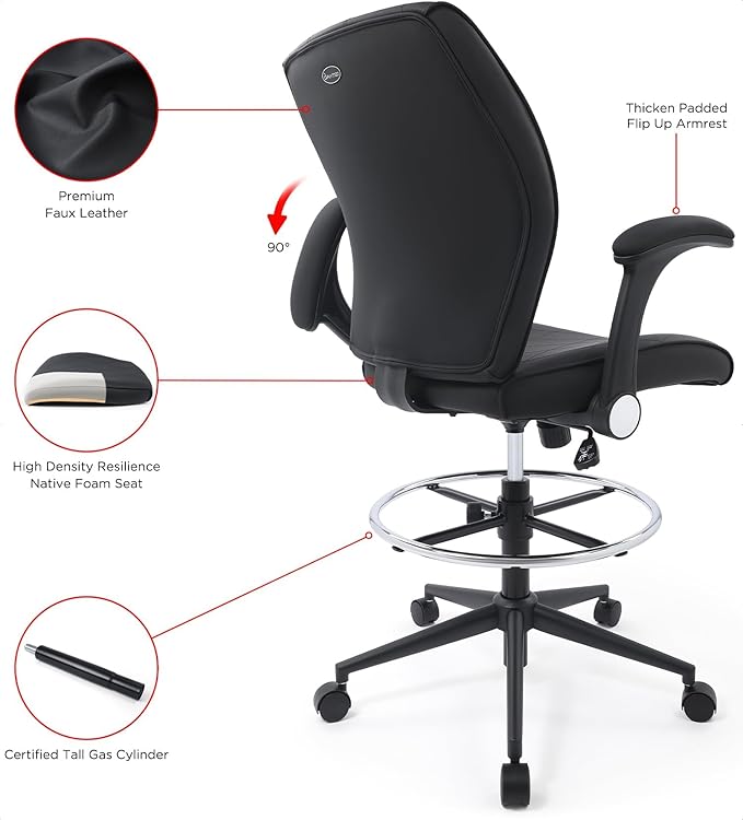 Ergonomic Adjustable Drafting Chair Extra Tall Office Stool for Standing Desk, Mid Back Faux Leather Counter Height Comfortable Bar High Roll Tilt Computer Chair with Flip Up Arms and Foot Ring, Black