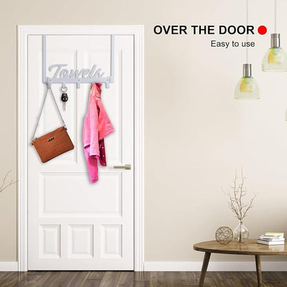 Azmoncy Over The Door Hooks, Towel Rack for Bathroom Towel Holder for Hanging Heavy Duty, Wall Mount Towel Hanger with 6 Hooks for Bedroom Bathroom Kitchen Towels, Bag, Coats, Hats - Silver