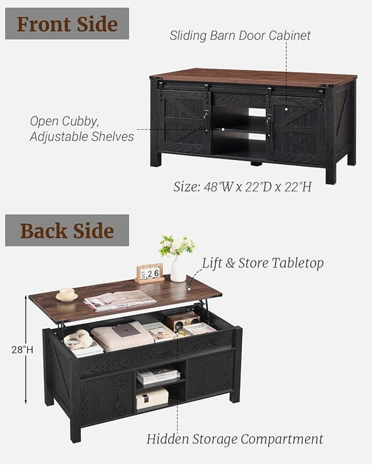 OKD 48" Farmhouse Lift Top Coffee Table with Sliding Barn Door, Rustic Center Table w/Hidden Storage Compartment, Lift Tabletop Dining Table w/Adjustable Shelf for Living Room,Black & Walnut Oak