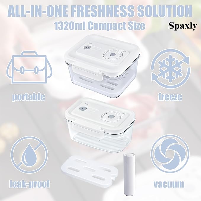 Manual Vacuum Sealer Containers, Airtight Food Storage Boxes with Hand Pump for Freshness, BPA-Free, Leakproof Seal for Lunch, Meat, Fruit, Leftovers, Fridge & Camping Use (1320ml)