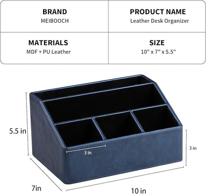 PU Leather Desk Organizer, Luxury Remote Control Holder for Home, Office Desk Accessories Table Caddy Bedside Nightstand Organizer (Dark Blue)