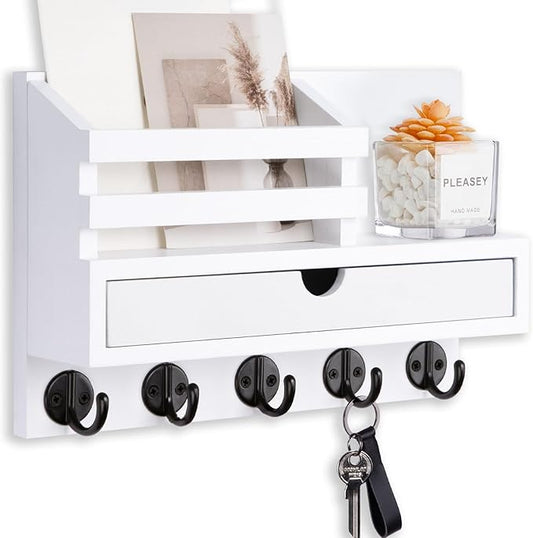 Key Holder Wall Mount, Mail Holder with Storage Drawer and 5 Key Hooks for Coat, Dog Leash, Home Decor Rack, House Accessories, Entry Way Organizer