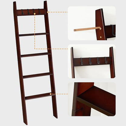 HOOBRO Blanket Ladder for Living Room and Bedroom, 5-Tier Wall Leaning Towel Rack for Bathroom, Decorative Ladder Shelf with 4 Removable Hooks, Farmhouse Blanket Storage, Brown BR51CJ01G1