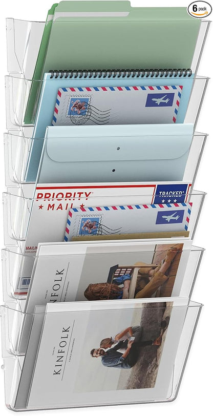 6 Pockets Acrylic Wall File Organizer, Clear Wall File Holder, Plastic Hanging Wall File Holder for Office, School and Home, Clear