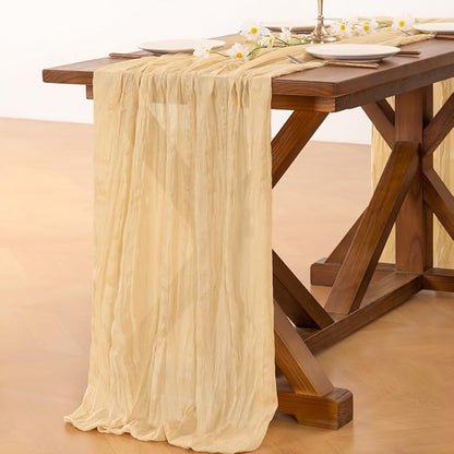 Socomi Gold Champagne Cheesecloth Table Runner Valentine's Day Boho Rustic Gauze 120 inch 10FT Cheese Cloth Runner for Wedding Party Baby Shower Birthday Home Decor Holiday Decorations