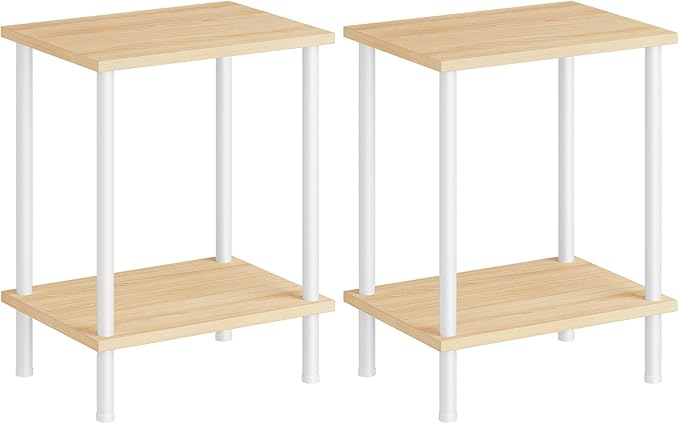 HOOBRO End Tables Set of 2, Small Side Table, Nightstand with 2-Layer Storage Shelves, Sofa Table for Small Spaces, Living Room, Bedroom, Stable Frame, Easy Assembly, Natural and White WN09BZP201