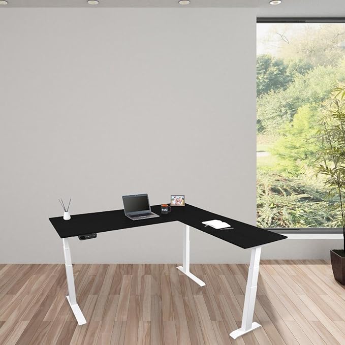 Stand Up Desk Store Triple Motor Electric L-Shaped Corner Standing Desk with EZ Assemble Frame (White Frame/Black Top, 71" W x 71" D)