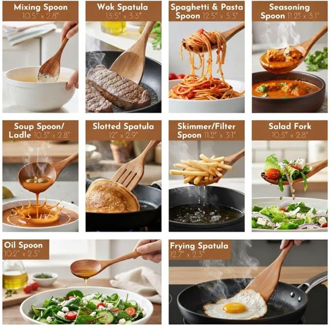 10 Piece Teak Wood Utensil Set - Non-Toxic, Ultimate Kitchen Cooking Spoons & Spatulas for Nonstick Cookware - Includes Pasta Spoon, Ladle & Skimmer - Premium Wooden Utensil Gift Set