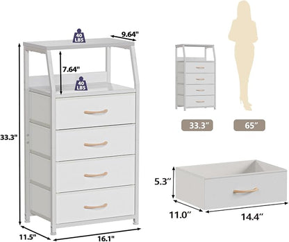 Furnulem Tall 4 Drawers Dresser, Vertical Storage Tower for Bedroom, Hallway, Entryway, Nursery, Closet Organizer, Nightstand Bedside Table Furniture, Sturdy Steel Frame, Wood Top, White