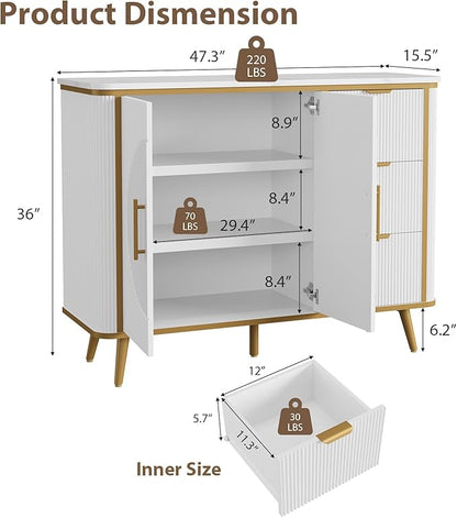 47.3" Modern Buffet Cabinet with Storage, Kitchen Sideboard Buffet with 2 Door & 3 Drawers, Fluted Caffee Bar Storage Cabinet for Dining Room, Living Room, Entryway, White