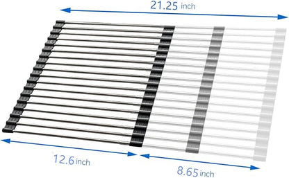 Large Telescopic Drain Rack Roll Up Rack Heat-Resistant Dish Drainer Kitchen Sink Rack Over the Sink Dish Drying Rack Stainless Steel Dish Rack (18 Tube 21.25''x12.79'')