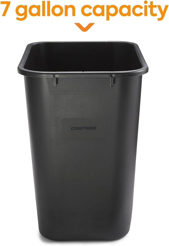 COASTWIDE Professional Indoor Trash Can Without Lid, Black Soft Molded Plastic, 7 Gallon (CW56429)