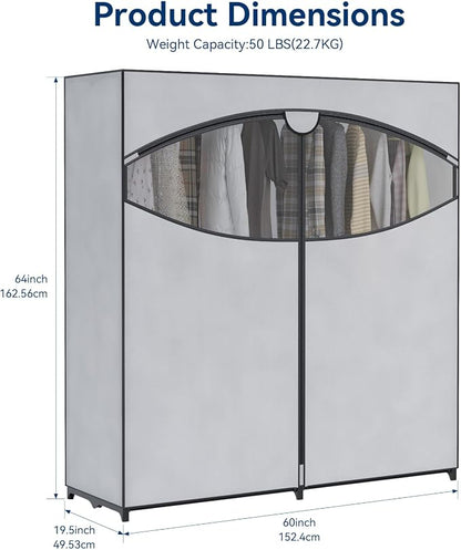 Whitmor Extra-Wide Portable Clothes Closet, 60" Wide Closet Organizers and Storage with Cover, Heavy Duty Metal Clothes Rack, Stable and Easy Assembly Clothes Storage, Light Grey