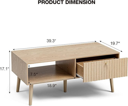 LCRBOL Coffee Table with Storage, Boho Dining Table with Fluted Drawer and Solid Wood Legs, Small Coffee Tables for Living Room, Oak