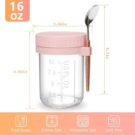 OcePor 6 Pack Overnight Oats Containers with Lids and Spoons, 16 OZ Glass Mason Overnight Oats Jars, Large Capacity Airtight Jars for Milk, Cereal, Fruit (Pink+Wooden-handled spoon)