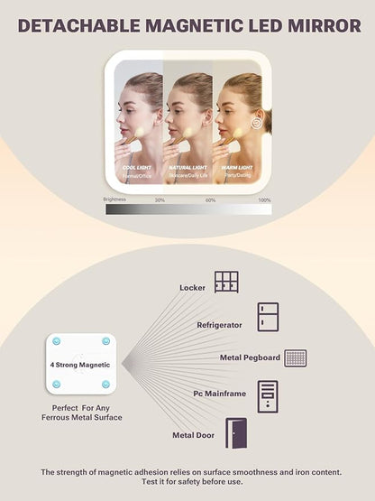 Qislee Makeup Box with Drawer and A Detachable Lighted Mirror, Waterproof Travel Train Case, Cosmetic Organizer and Makeup Suitcase with Adjustable Dividers, Magnetic LED Mirror (ICY Pink)
