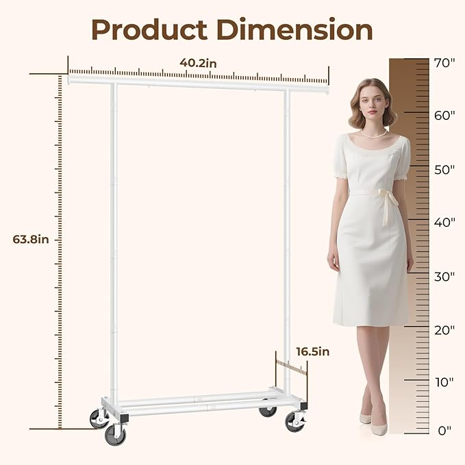 Clothes Rack, Clothing Rack for Hanging Clothes, Rolling Garment Rack Sturdy Coat Rack Portable Wardrobe Rack Metal Closet Rack for Bedroom Laundry Living Room, White
