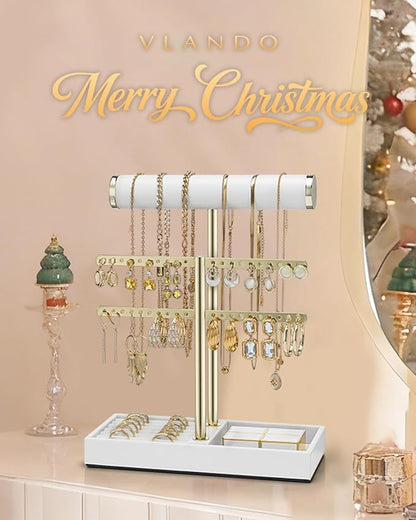 Vlando 2 Tier Necklace Holder Organizer with Tray, Leather Bracelet Holder Display for Women, Gold Jewelry Holder Stand for Bracelet, Necklace, Earrings, Rings - White
