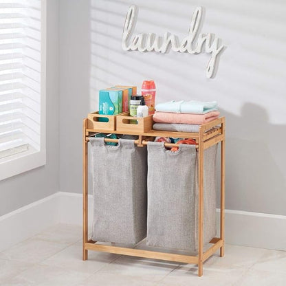 mDesign Freestanding Bamboo 2 Section Double Laundry Organizer Hamper with Removable Storage Sorter Bags, Space-Saving Basket Duo with Handles for Clothes/Linens - Echo Collection - Natural/Tan