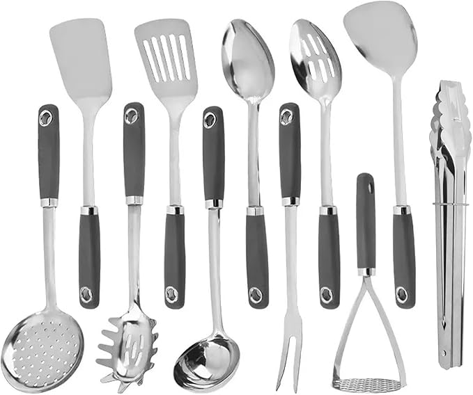 Stainless Steel Cooking Utensils Set 11 Piece - Xhiver Kitchen Tools 18/0 Heavy Duty for Grilling & Serving, Includes Slotted Spatula, Soup Ladle, Metal Turner & More, Heat Resistant, Dishwasher Safe