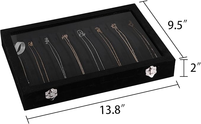 Frebeauty 15 Hooks Necklace Tray Velvet Neckalce Organizer with Clear Lid Lockable Necklace Holder Box Jewelry Organizer for Pendants Chains Necklace Jeweley Tray for Women Girls(Black)