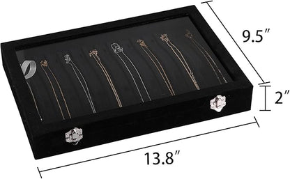 Frebeauty 15 Hooks Necklace Tray Velvet Neckalce Organizer with Clear Lid Lockable Necklace Holder Box Jewelry Organizer for Pendants Chains Necklace Jeweley Tray for Women Girls(Black)