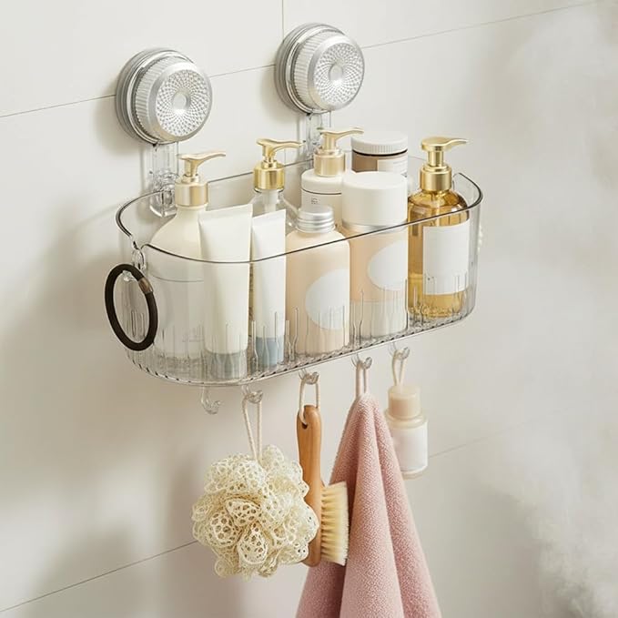 No-Drill Bathroom Suction Storage Box, Suction Cup Shelf, Portable Wall Mounted Bathroom Organizer for Shower, Durable Removable Storage Basket for Home (White)