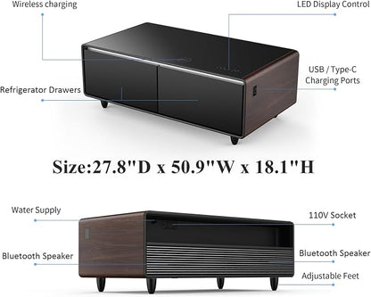 Smart Coffee Table with Fridge and Bluetooth, Smart Refrigerator Table with Dual Speakers, 15W Wireless Charger, Control Panel, Outlet Protection, USB Port, Atmosphere Light, LT135 Pro-Brown
