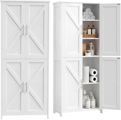 Akxomel Tall Bathroom Storage Cabinet, 11 x 22.8 x 63 Inches, Floor Cabinet with Barn Doors, Adjustable Shelf, Linen Pantry Cabinet for for Kitchen, Laundry Room, Living Room, Entryway, White