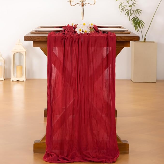 Socomi 6pcs Red Cheesecloth Table Runner Boho Rustic Gauze 120 inch 10FT Cheese Cloth Runner for Wedding Party Baby Shower Birthday Home Decor Holiday Decorations