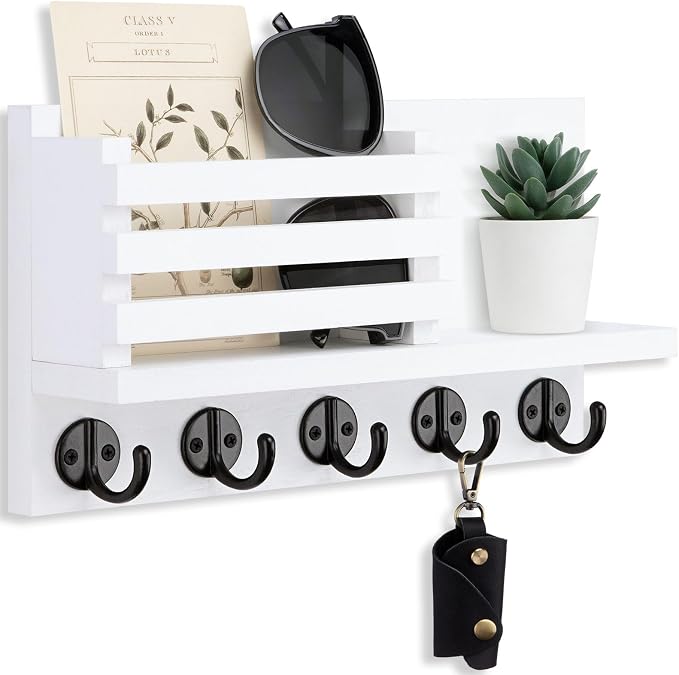 Lwenki Key Holder for Wall – Decorative Wooden Mail Holder and Key Shelf with Mounting Hardware, Installation Guide – Paulownia Wood with Metal Key Hooks (White, Large - 11.8inch)
