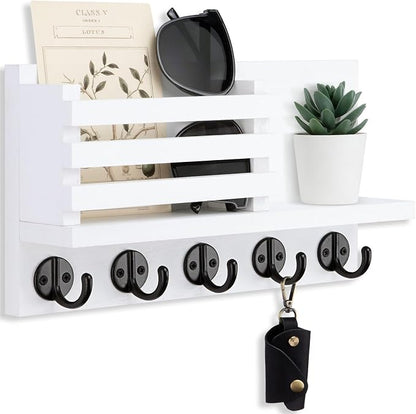 Lwenki Key Holder for Wall – Decorative Wooden Mail Holder and Key Shelf with Mounting Hardware, Installation Guide – Paulownia Wood with Metal Key Hooks (White, Large - 11.8inch)