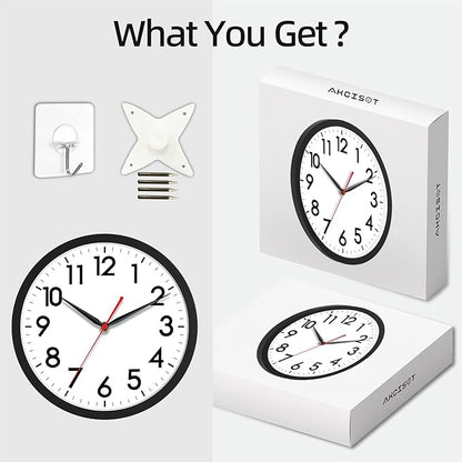AKCISOT Wall Clock 10 Inch Silent Non-Ticking Modern Clocks Battery Operated - Analog Small Classic for Office, Home, Bathroom, Kitchen, Bedroom, School, Living Room(Black)