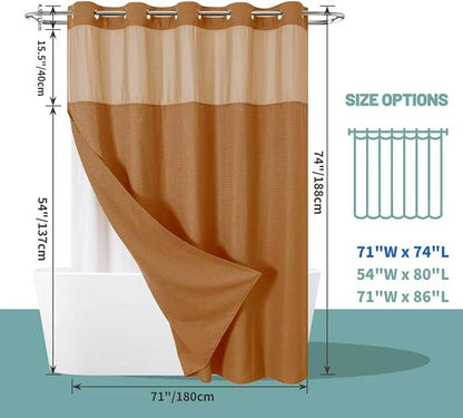 BurntOrange No Hook Waffle Weave Shower Curtain with snap-in Liner Replacement, 230GSM Waterproof Fabric Hotel Shower Curtain Set for Bathroom, Through Mesh Top Window,71Wx74H