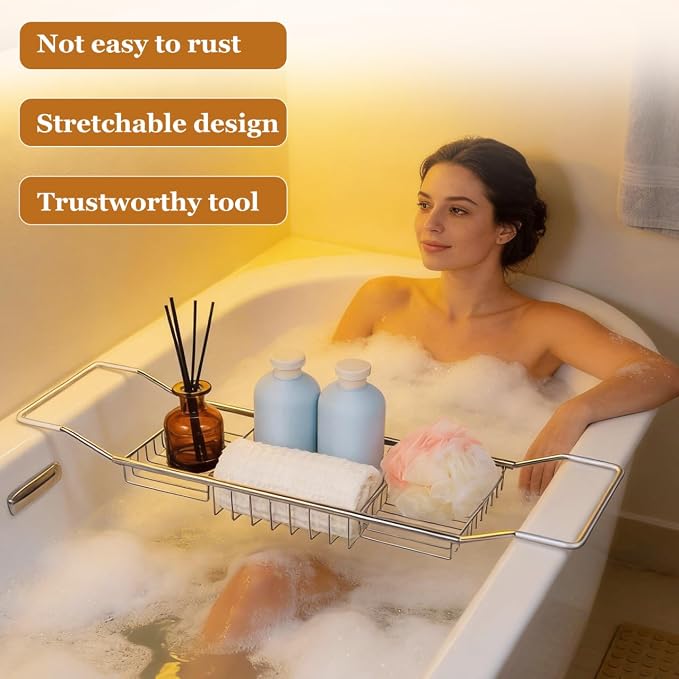 Cabilock Bathtub Tray - Stainless Steel Bathtub Caddy, Expandable Extra Wide Bath Tub Organizer, Rust-Resistant Over The Tub Shelf Rack with Non-Slip Grips for Phone Book Wine Glass, Silver