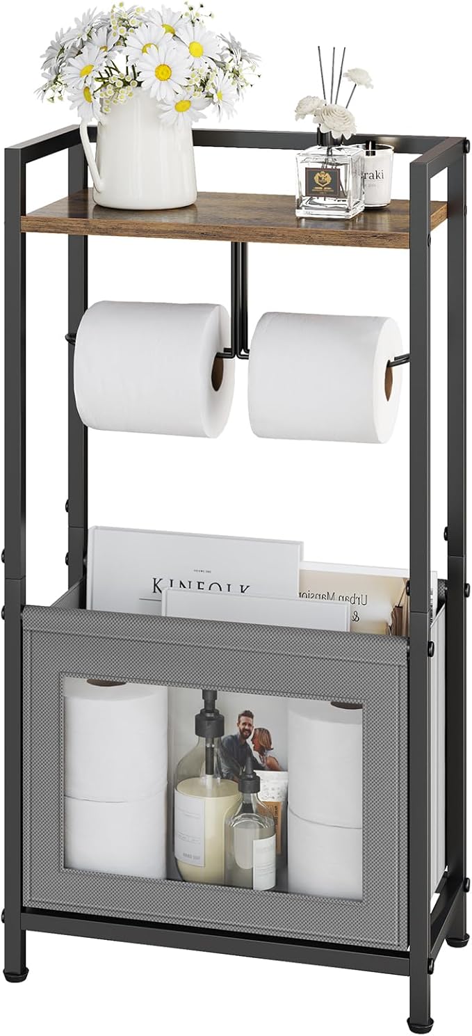 Toilet Paper Holder Free Standing with Storage Basket, Bathroom Tissue Holder Stand with Top Wood Shelf for Phones, Wet Wipes, Small Plants, Metal Toilet Paper Rack for Bathroom Organizer, Black