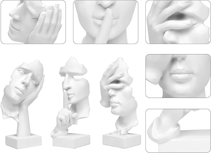 3 Pcs Thinker Statue, Silence is Gold Abstract Art Figurine, No Hear No See No Speak Modern Home Resin Sculptures Decorative Objects Decor for Home Office Bookshelf Desktop(White), A-41