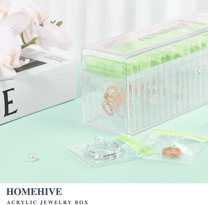 HOMEHIVE Acrylic Jewelry Box Organizer, Clear Jewelry Organizer Holder with 20 Portable Anti Tarnish Jewelry bags, Travel Jewelry Case for Earrings/Rings/Necklaces for Women Girls, Green