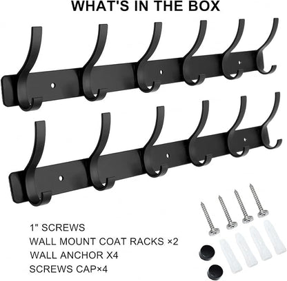Coat Rack Wall Mounted,6 Coat Hooks for Hanging Coats,Metal Double Hook Rack Hook Rail,Coat Rack with Hooks,Wall Mount Coat Hanger for Hat Towel Purse Robes (2 Pack Black, 6 Hooks)